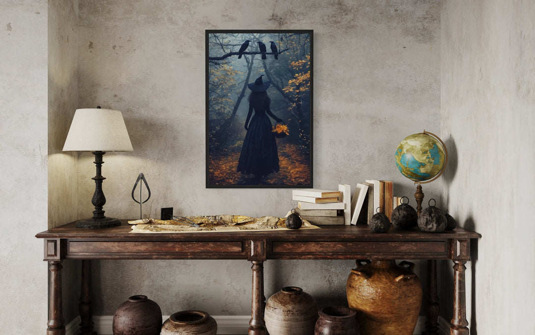 Witch In Autumn Forest With Ravens Moody Halloween Wall Art