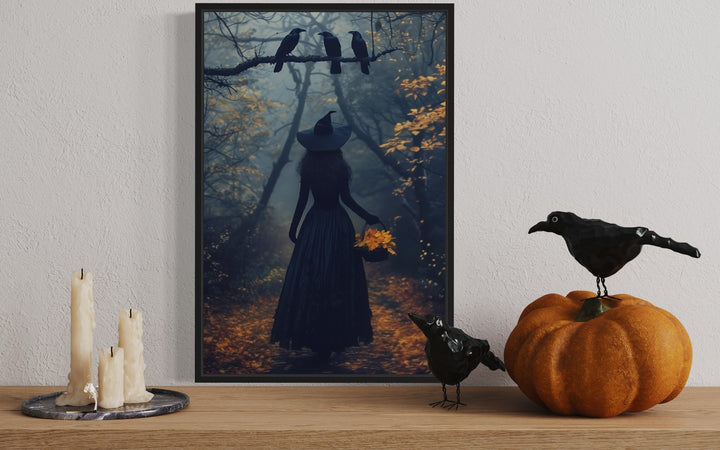 Witch In Autumn Forest With Ravens Moody Halloween Wall Art