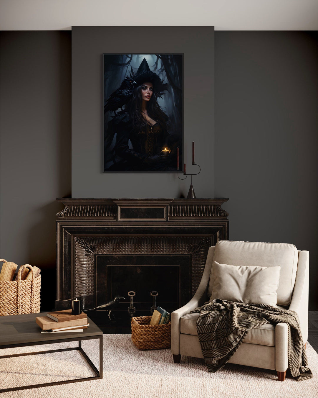 Witch In Enchanted Forest With Raven Gothic Framed Canvas Wall Art