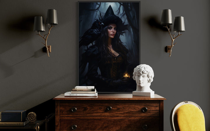 Witch In Enchanted Forest With Raven Gothic Framed Canvas Wall Art