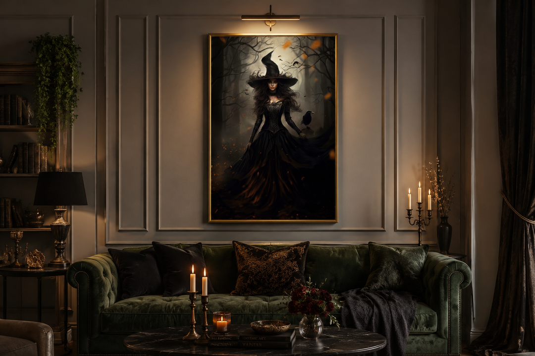 Witch And Her Raven In Enchanted Forest  Gothic Framed Canvas Wall Art