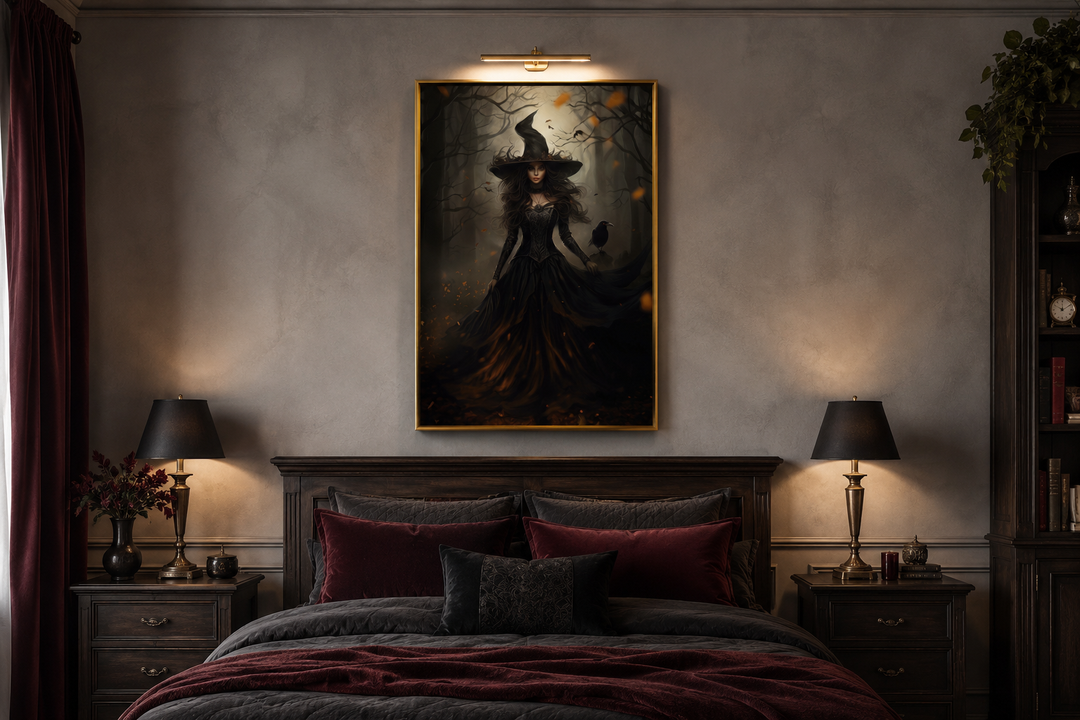 Witch And Her Raven In Enchanted Forest  Gothic Framed Canvas Wall Art