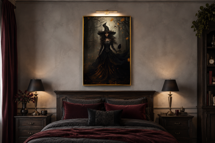 Witch And Her Raven In Enchanted Forest  Gothic Framed Canvas Wall Art