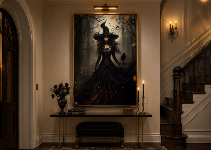 Witch And Her Raven In Enchanted Forest  Gothic Framed Canvas Wall Art
