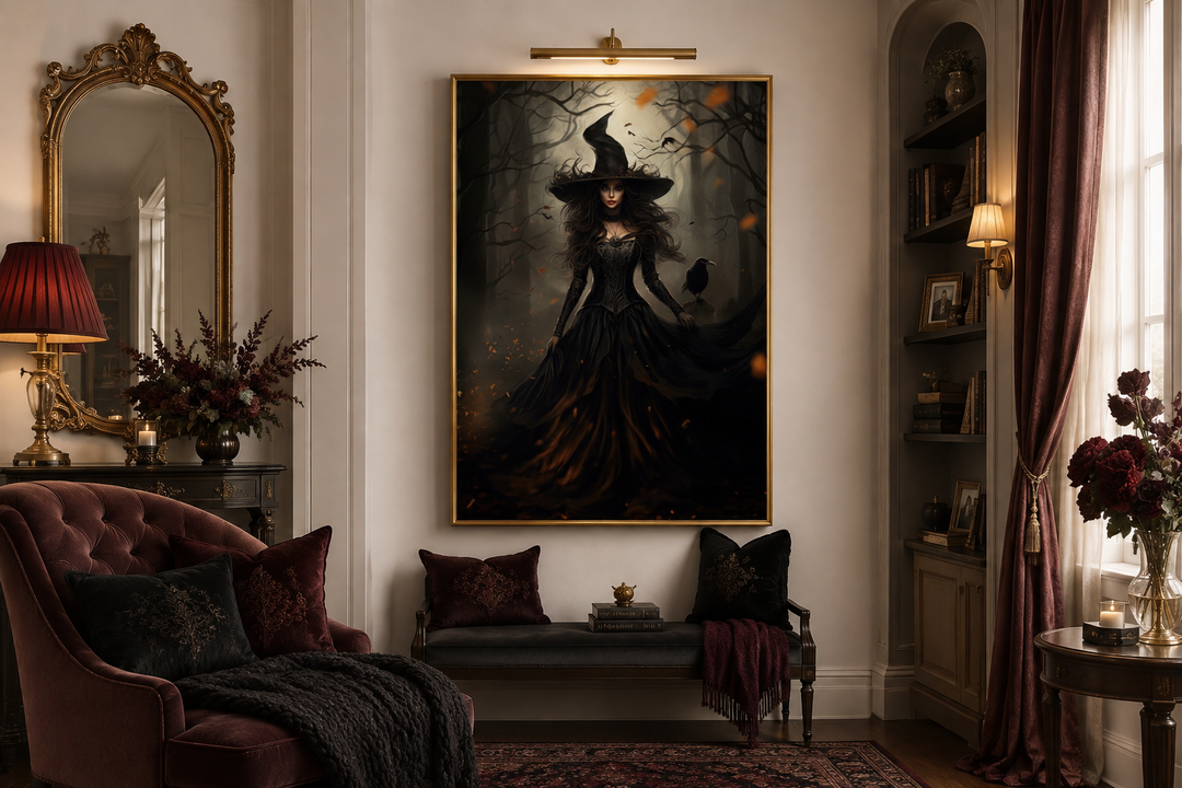 Witch And Her Raven In Enchanted Forest  Gothic Framed Canvas Wall Art