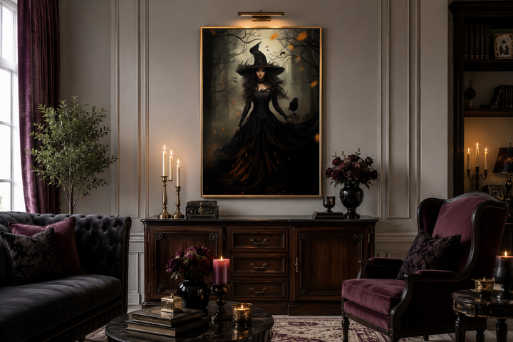 Witch And Her Raven In Enchanted Forest  Gothic Framed Canvas Wall Art