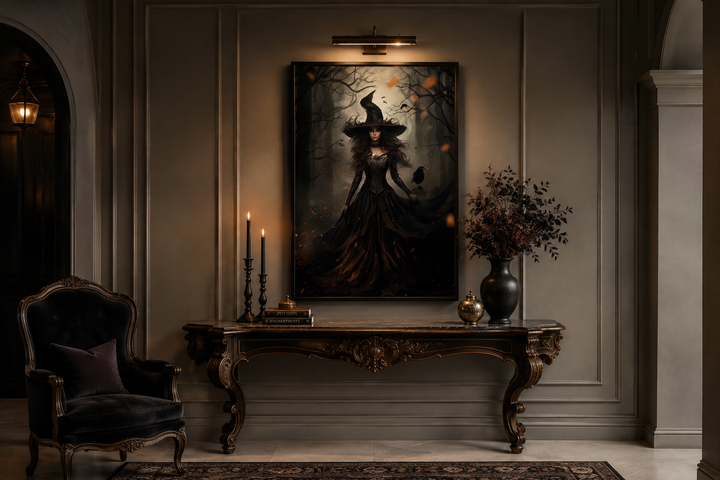 Witch And Her Raven In Enchanted Forest  Gothic Framed Canvas Wall Art