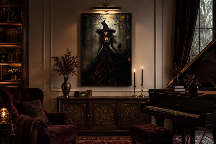 Witch And Her Raven In Enchanted Forest  Gothic Framed Canvas Wall Art