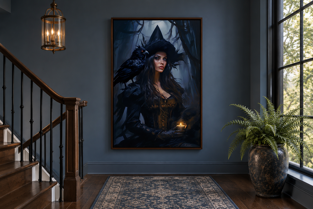 Gothic framed canvas wall art of a witch with a raven in an enchanted forest on a dark blue wall.