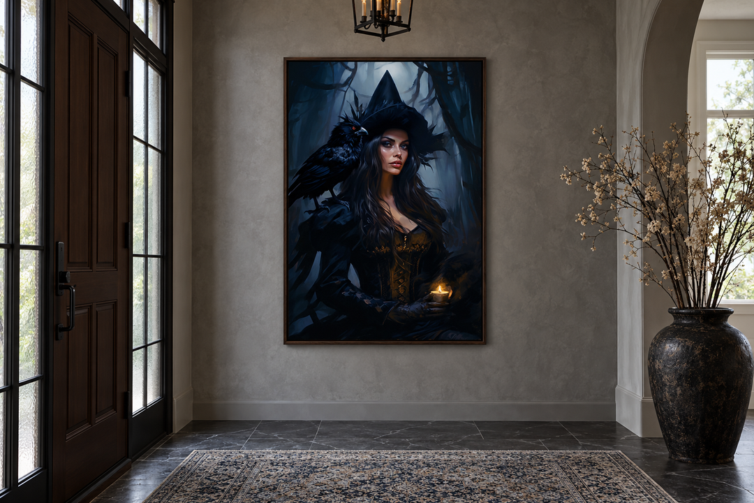 Gothic framed canvas wall art of a witch and raven in an enchanted forest, hung in an entryway.