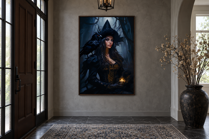 Gothic framed canvas wall art of a witch and raven in an enchanted forest, hung in an entryway.