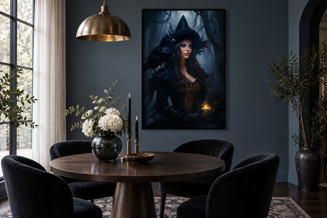 Gothic framed canvas wall art of a witch and raven in an enchanted forest above a dining table.