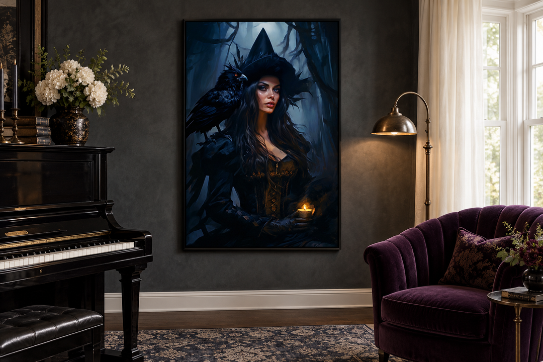 Gothic framed canvas wall art of a witch with a raven in an enchanted forest, hung in a music room.