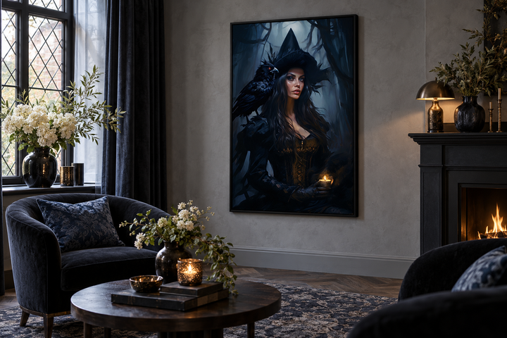 Gothic framed canvas wall art of a witch in an enchanted forest with a raven in a dark living room.