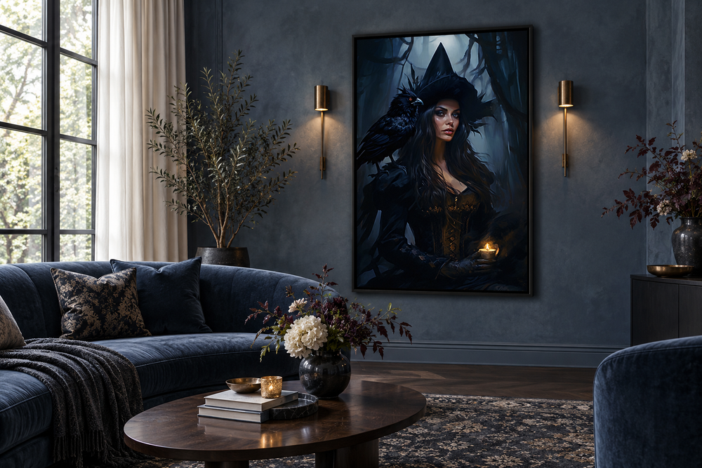 Gothic framed canvas wall art of a witch and raven in an enchanted forest, hung in a living room.