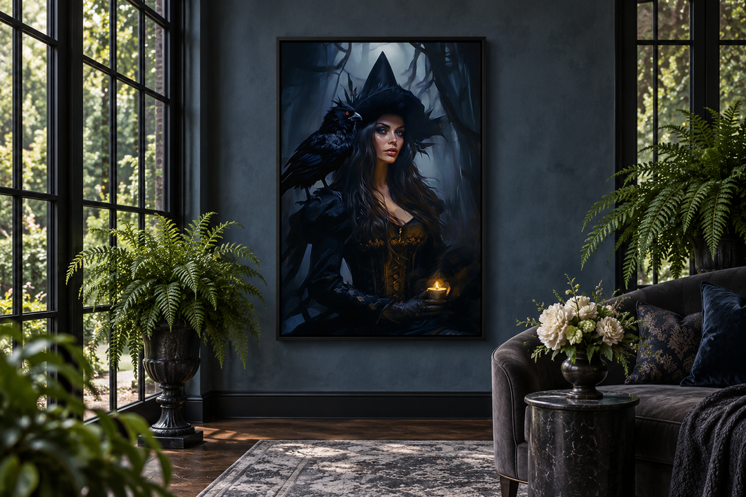 Gothic framed canvas wall art of a witch with a raven in an enchanted forest, hung in a dark room.