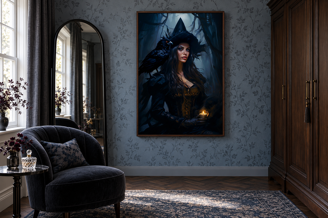 Gothic framed canvas wall art of a witch and raven in an enchanted forest, hung in a dark room.