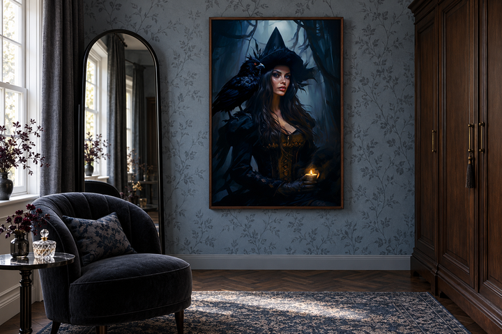 Gothic framed canvas wall art of a witch and raven in an enchanted forest, hung in a dark room.