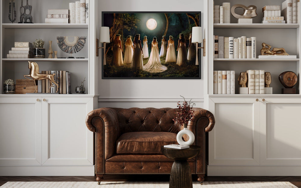 Witches Dancing In Circle In Magical Forest Moon Calling Witch Wall Art above armchair