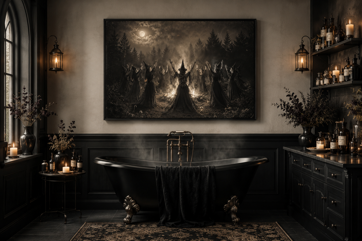 Witches Sabbath occult wall art in a vintage photography style above a black clawfoot bathtub.