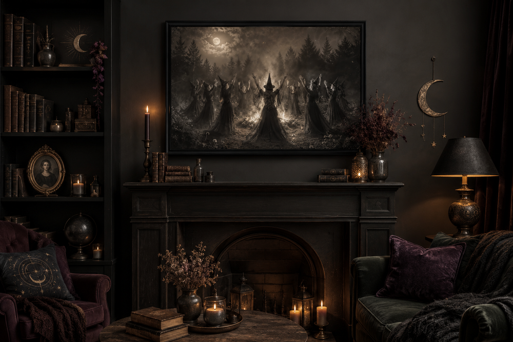 Witches Sabbath occult vintage photography style wall art above a dark mantel with candles.