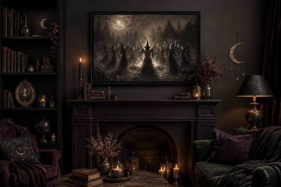Witches Sabbath occult vintage photography style wall art above a dark mantel with candles.
