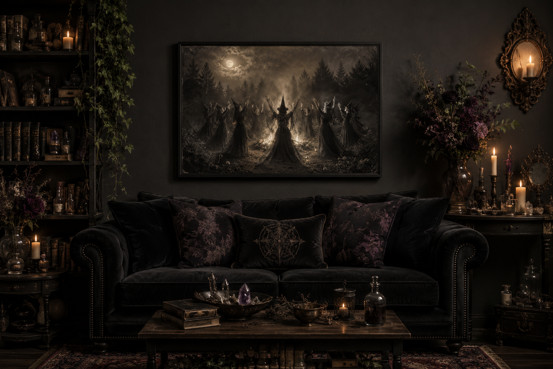 Witches Sabbath occult vintage photography style wall art hanging above a dark velvet sofa.