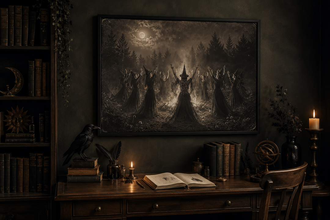 Vintage occult wall art of witches dancing around a fire in a dark, gothic study setting.