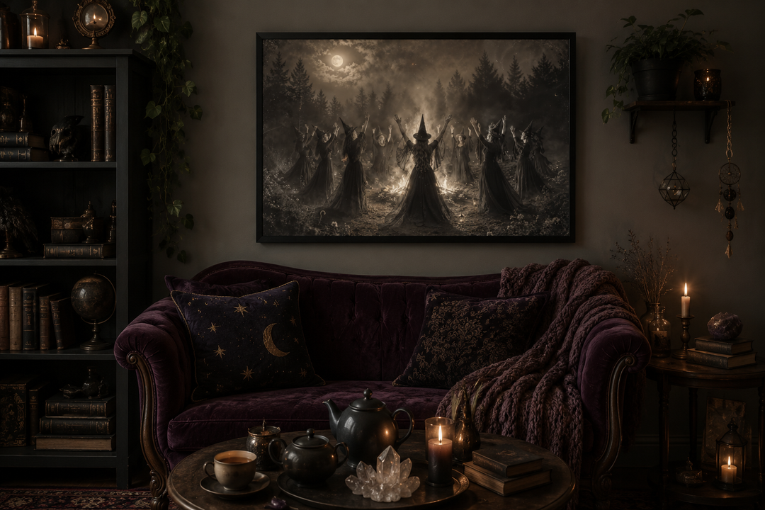 Witches Sabbath occult vintage photography style wall art above a purple velvet sofa.
