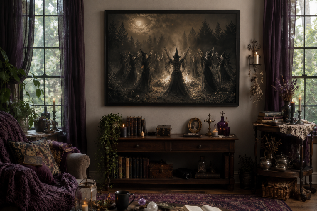 Witches Sabbath wall art in a vintage photography style, framed above a dark wood console table.