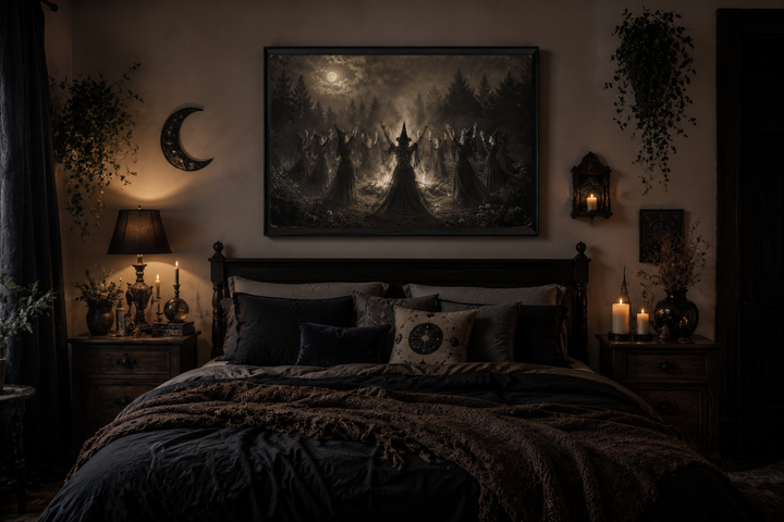 Witches Sabbath occult wall art in a vintage photography style above a dark gothic bed.