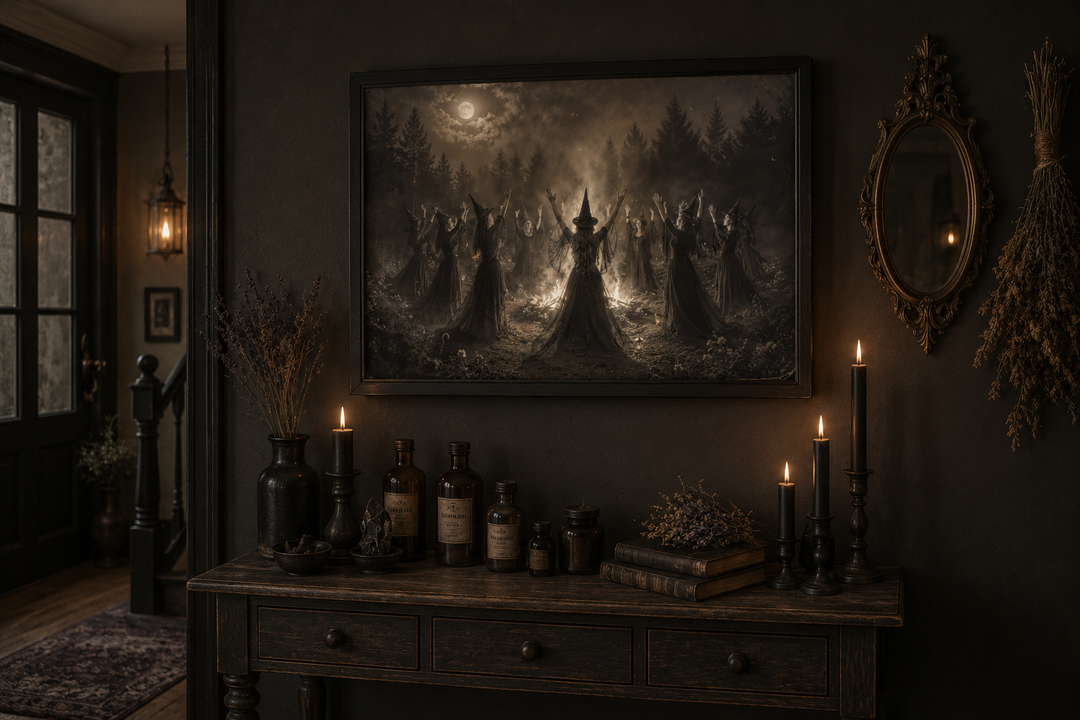 Witches Sabbath vintage photography style wall art displayed above a dark wooden console table.