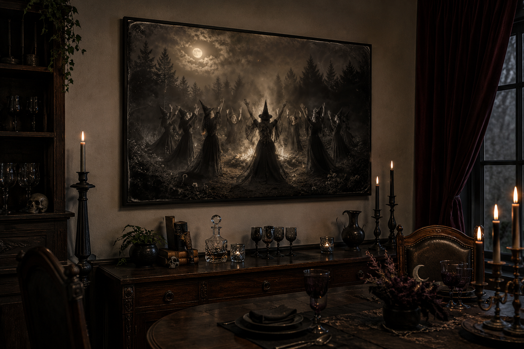 Vintage-style occult wall art of witches dancing around a bonfire in a dark, moody room setting.