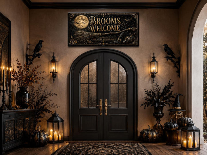 Brooms Welcome sign above a black arched door in a spooky Halloween entryway with ravens and gourds.