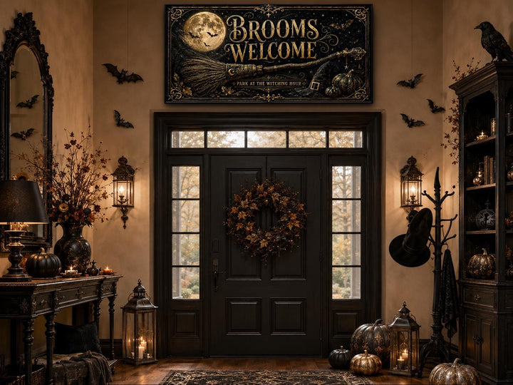 Witchy Halloween wall art with 'Brooms Welcome' text above a decorated entryway with pumpkins.