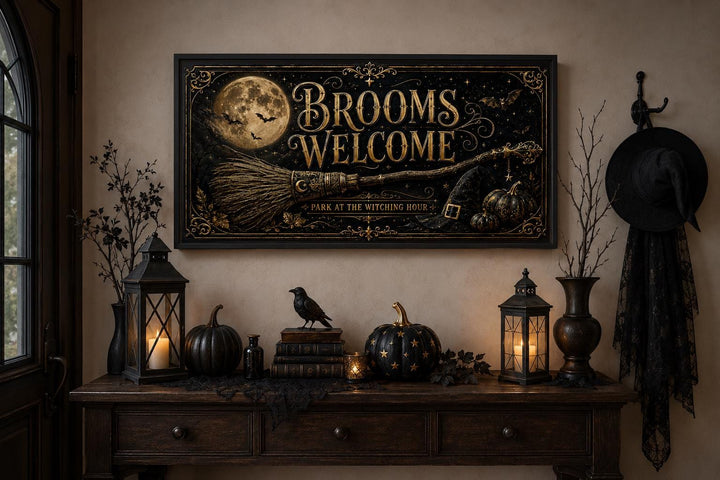Brooms Welcome Halloween wall art above a console table with pumpkins, lanterns, and a raven.