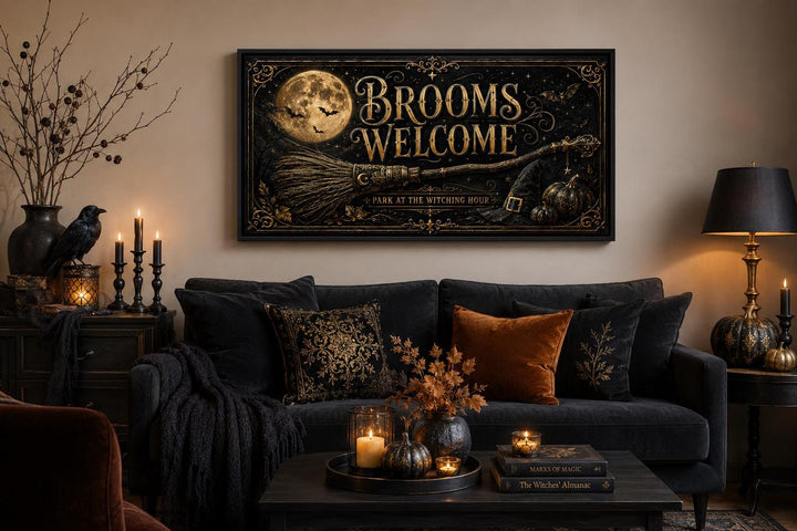 Witchy Halloween wall art with 'Brooms Welcome' text, a full moon, and broom on a black background.