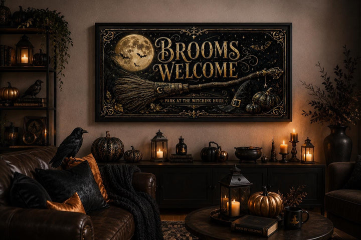 Witchy Halloween wall art with 'Brooms Welcome' text, a full moon, and broom in a moody room setting.