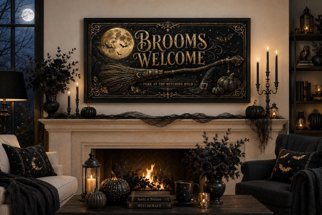 Witchy Halloween wall art featuring a broom, full moon, and "Brooms Welcome" text over a fireplace.