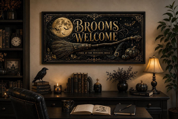 Witchy Halloween wall art with Brooms Welcome text, a full moon, and a broom on a black background.