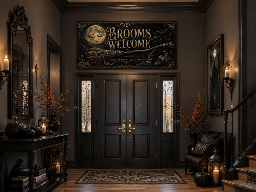Witchy Halloween Brooms Welcome sign above a black entryway door with pumpkins and lanterns.