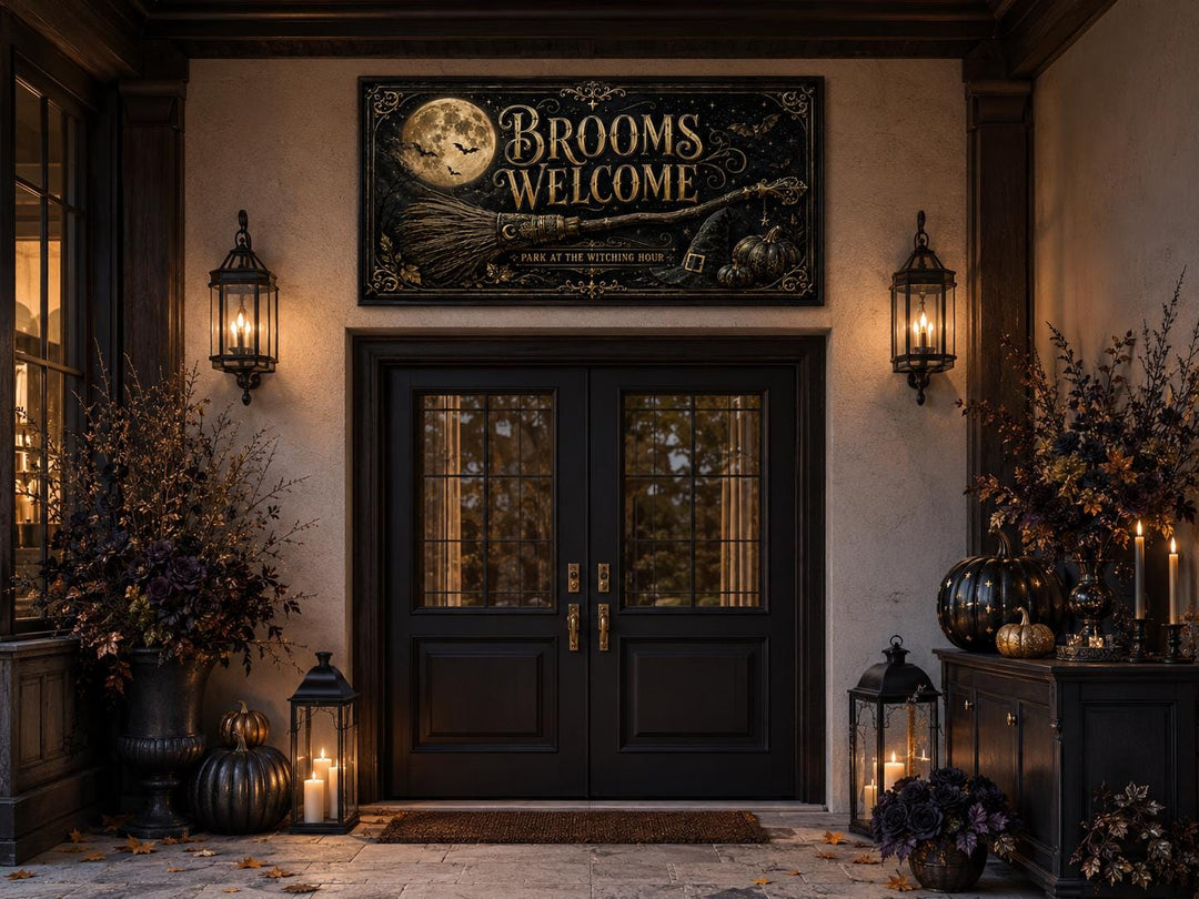 Brooms Welcome sign with a full moon and broomstick above a black double door entryway.