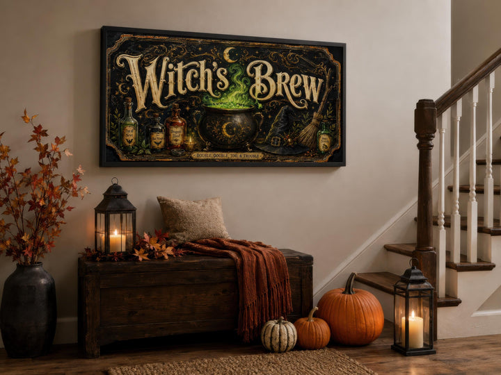 Witch's Brew vintage-style black and gold canvas print above a rustic chest with Halloween decor.