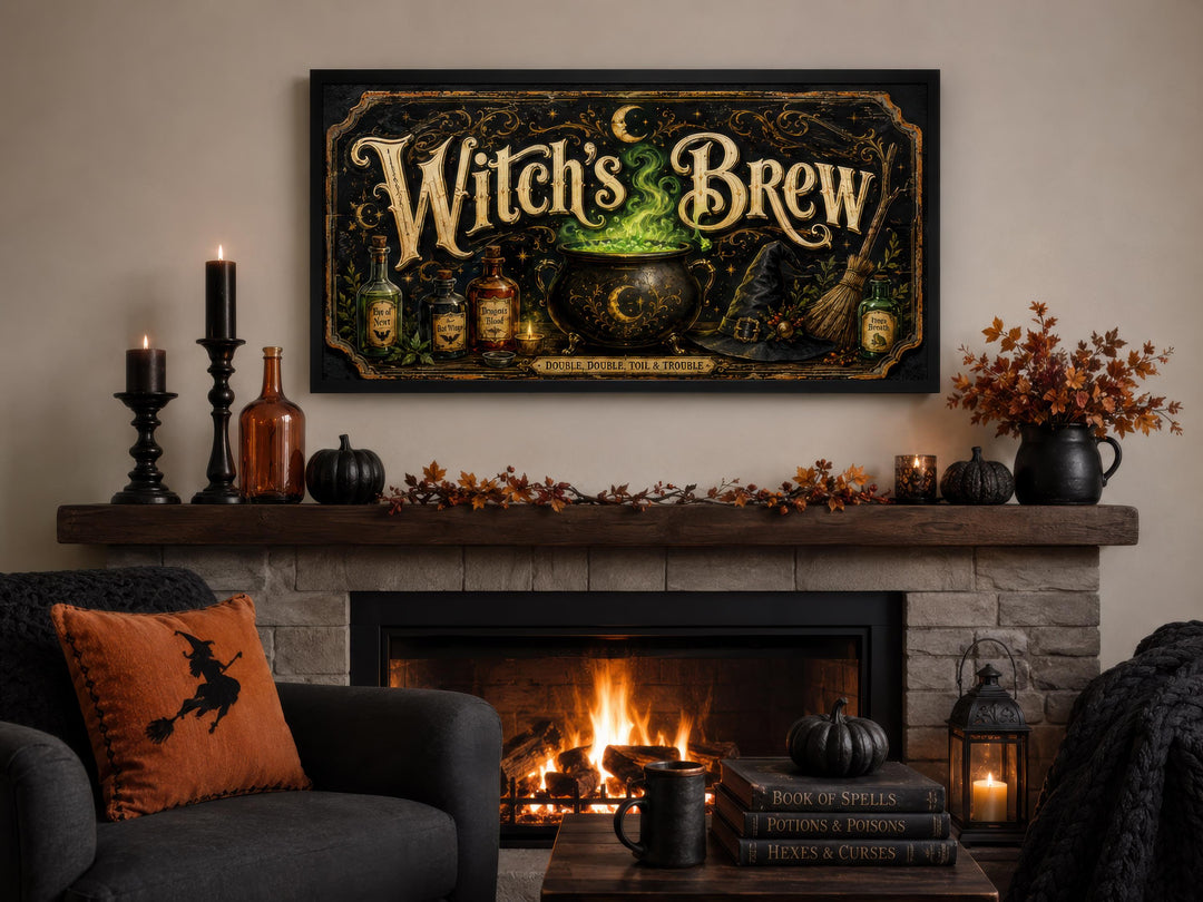 Vintage Witch's Brew black and gold canvas wall art displayed above a cozy Halloween fireplace.