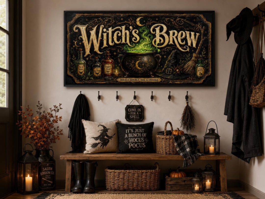 Vintage-style Witch's Brew canvas wall art with gold lettering and a glowing green cauldron.
