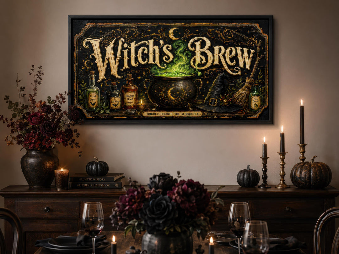 Vintage Witch's Brew canvas print with gold script and a glowing green cauldron on a black wall.