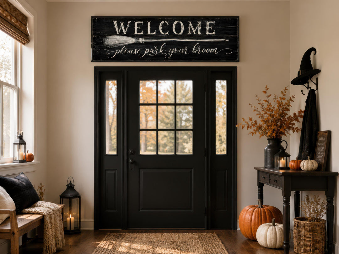 Black and white 'Welcome Please Park Your Broom' wood sign hanging above a black front door.