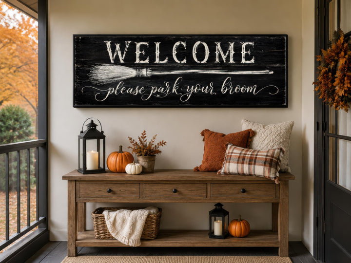 Witchy Halloween wall art sign with 'Welcome please park your broom' text on a black wood background.