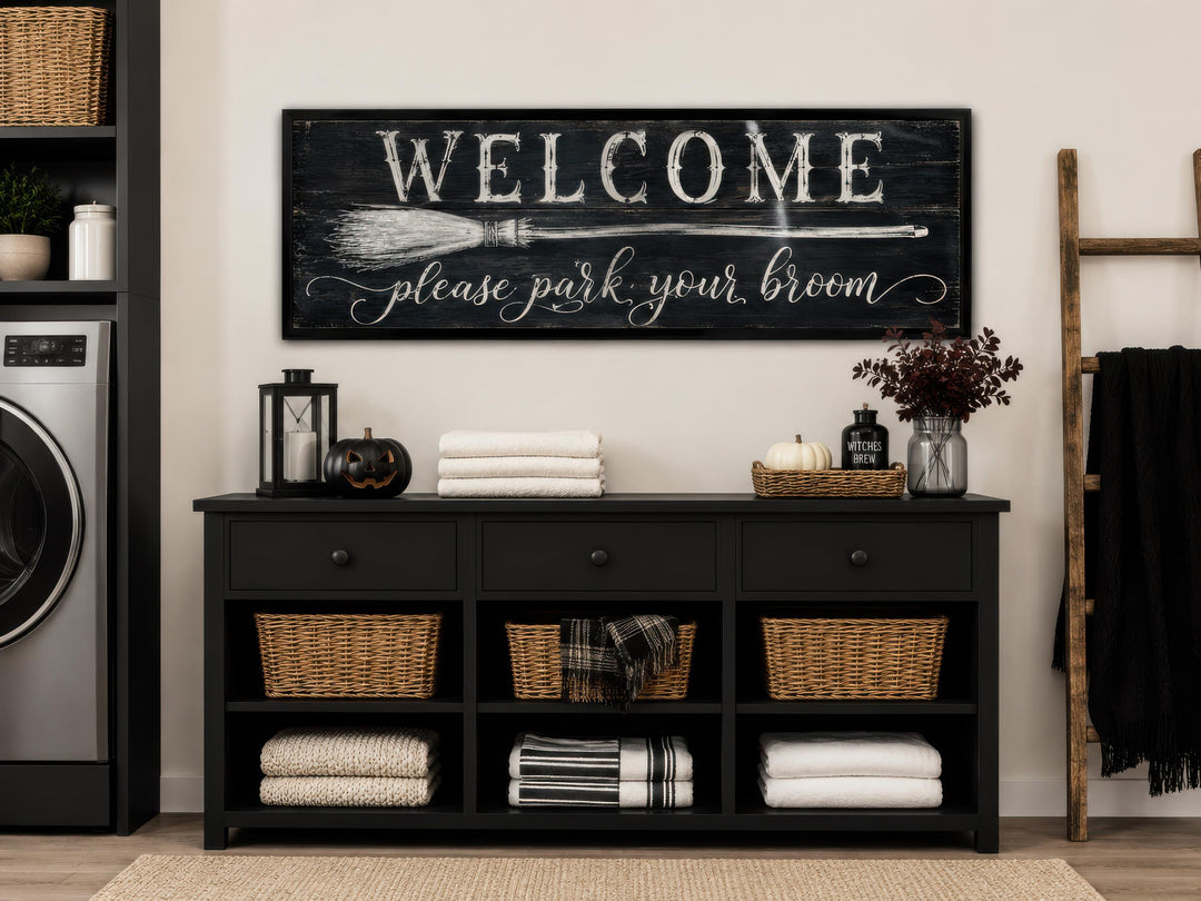 A horizontal black wooden sign with white text reading 'WELCOME please park your broom'.