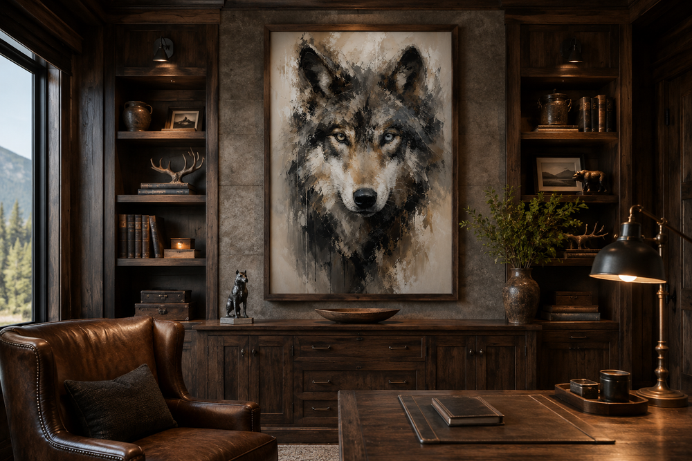 Framed abstract wolf portrait canvas wall art in a rustic office with dark wood bookshelves.